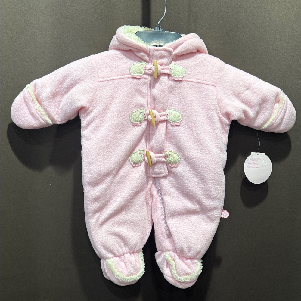 Y2K Weatherproof Pink & Cream Kids One Piece Winter Coat with Sheep, Size 3/6 mo